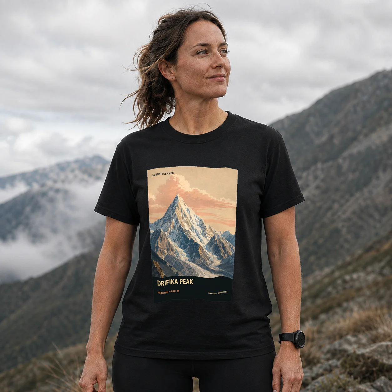 Black DRIFIKA PEAK T-shirt front with mountain artwork