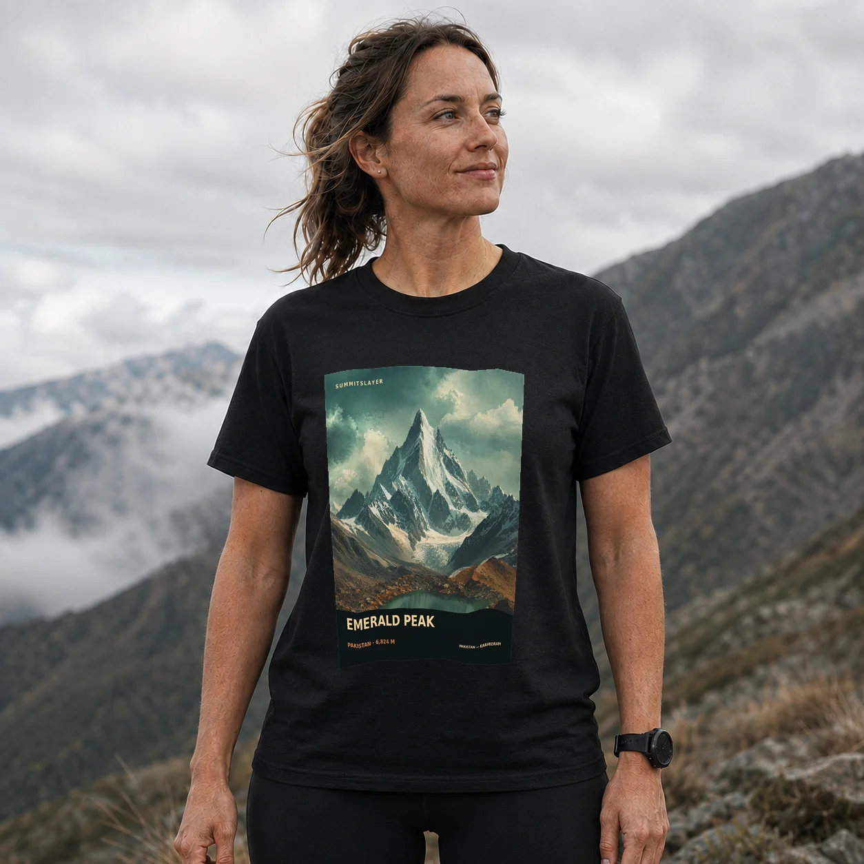 Black EMERALD PEAK T-shirt front with mountain artwork