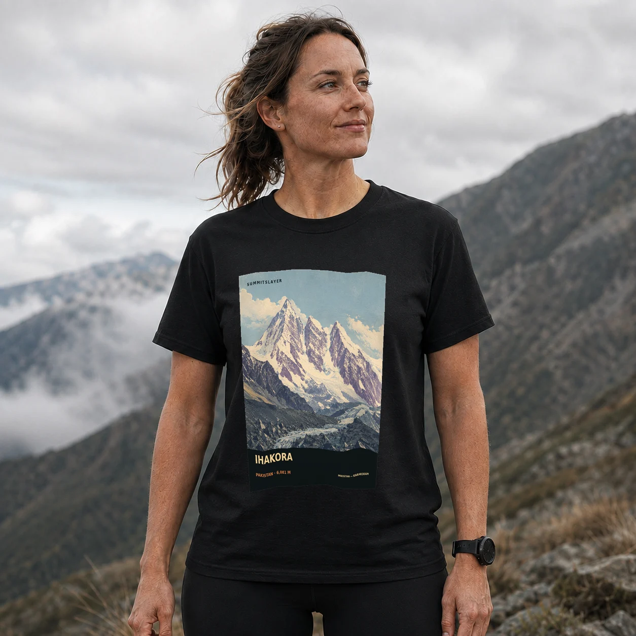 Black IHAKORA T-shirt front with mountain artwork