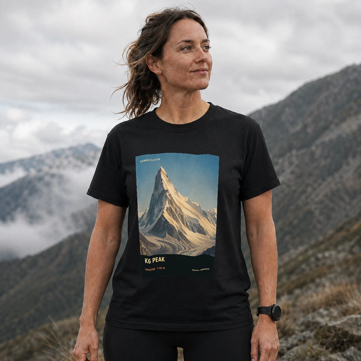 Black K6 PEAK T-shirt front with mountain artwork