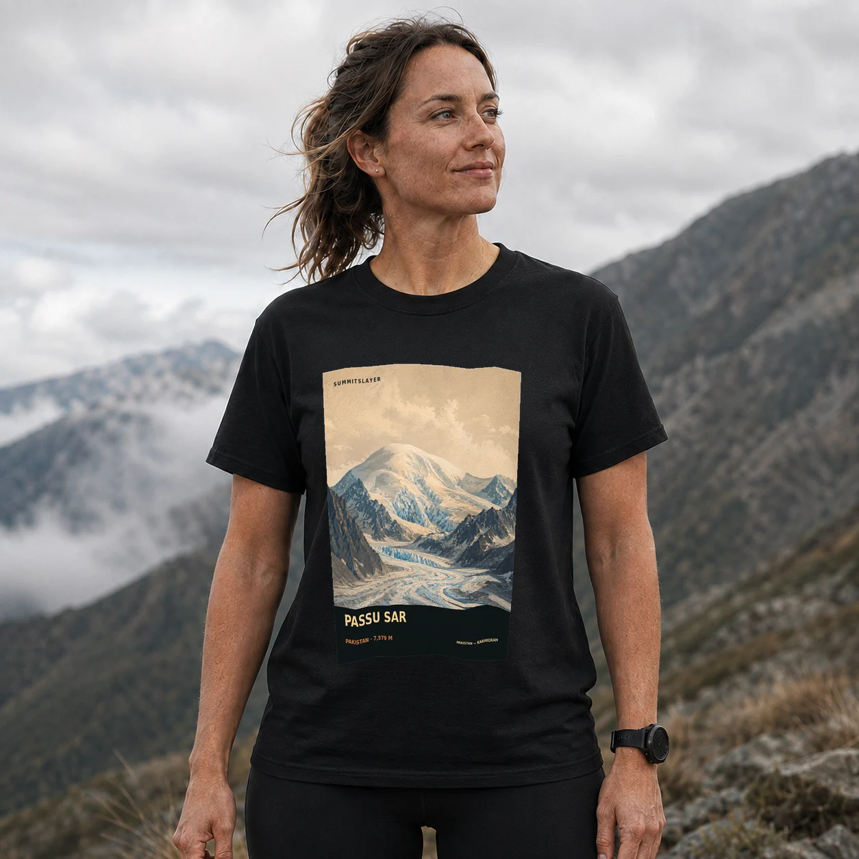 Black PASSU SAR T-shirt front with mountain artwork