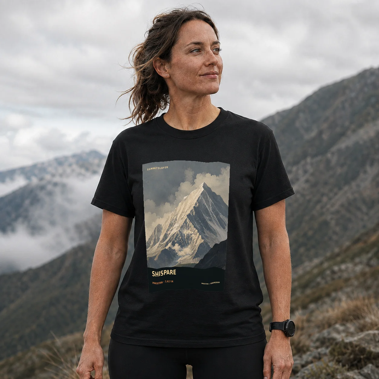 Black Shispare T-shirt front with mountain artwork
