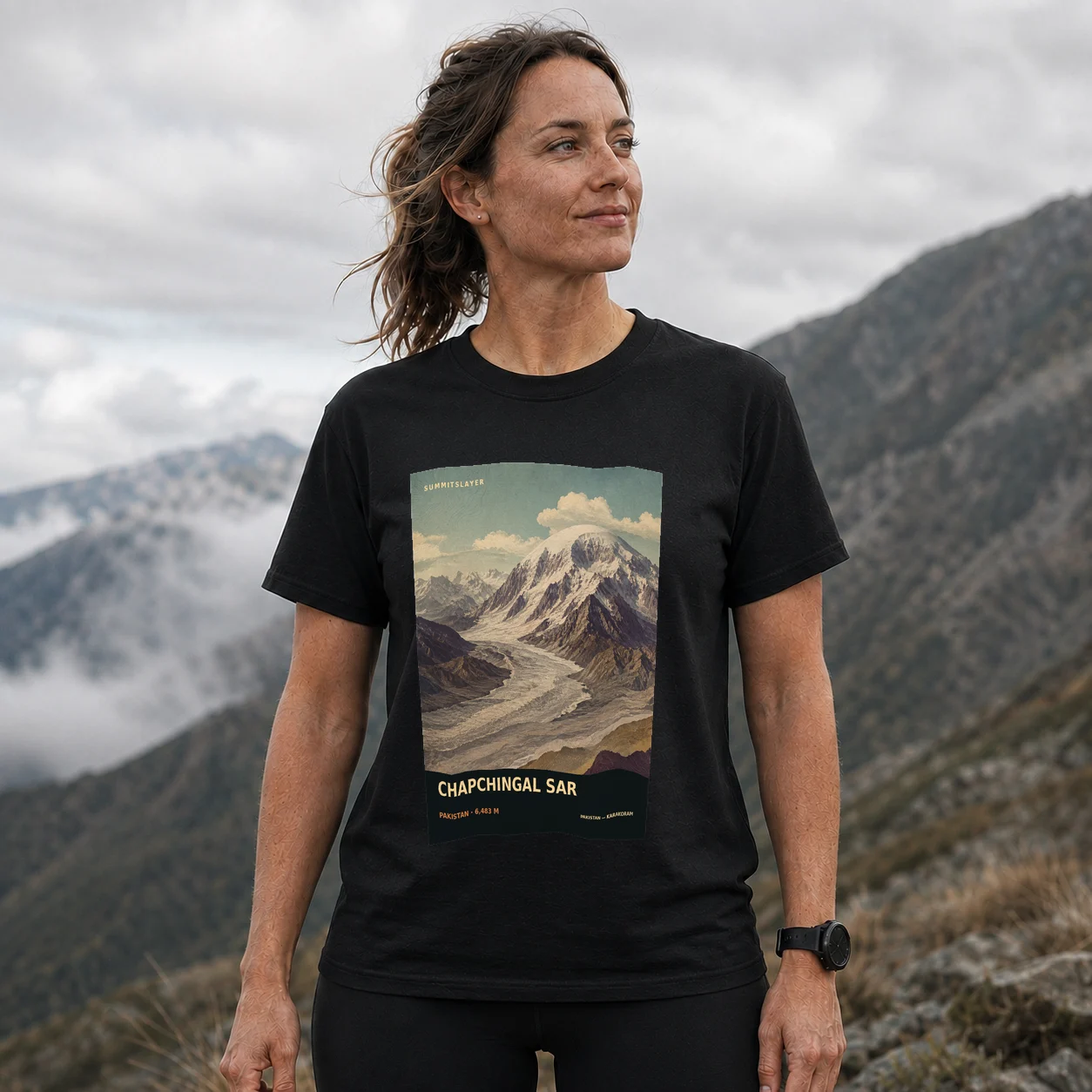 Black CHAPCHINGAL SAR T-shirt front with mountain artwork