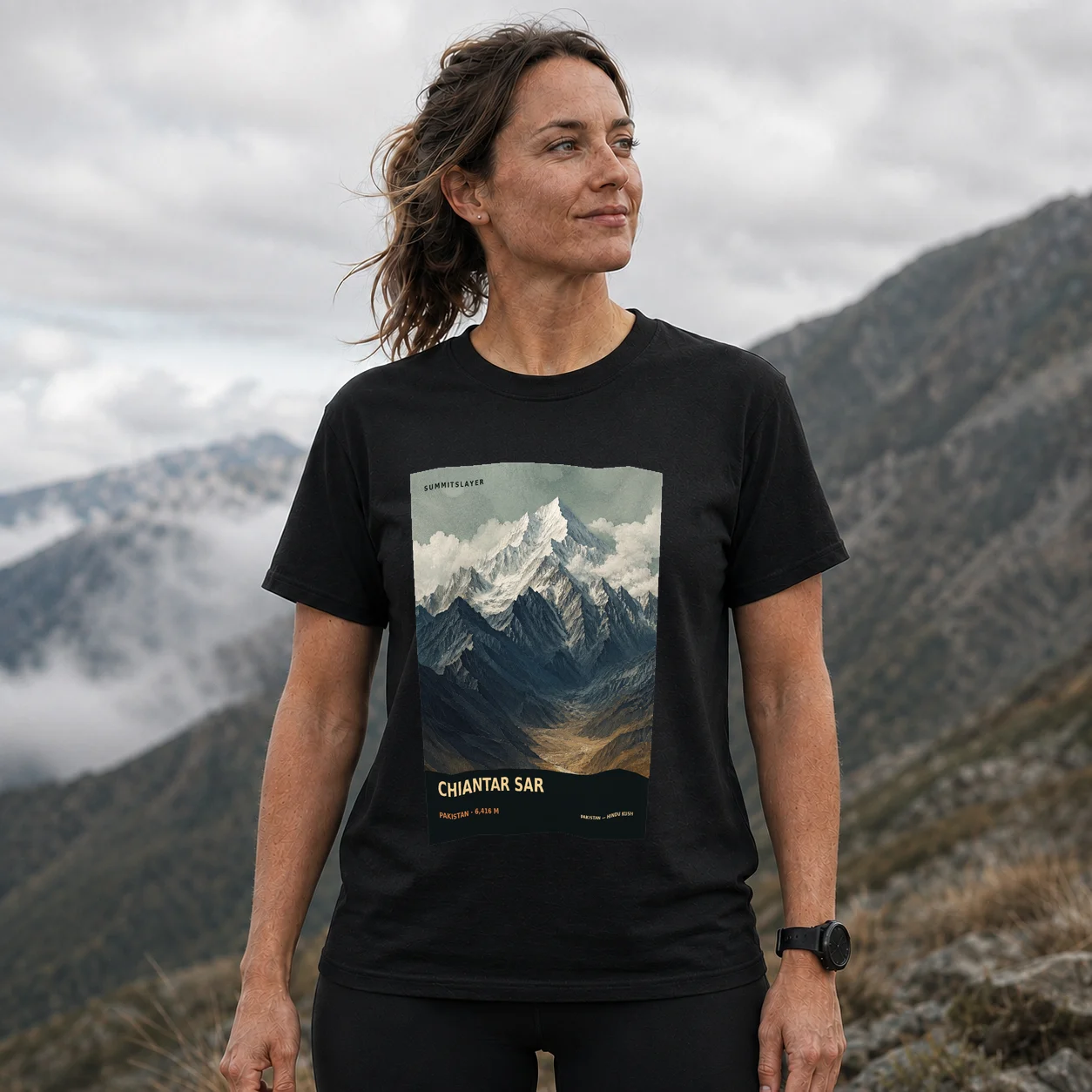 Black CHIANTAR SAR T-shirt front with mountain artwork