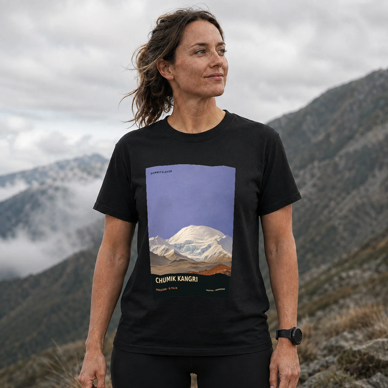 Black CHUMIK KANGRI T-shirt front with mountain artwork