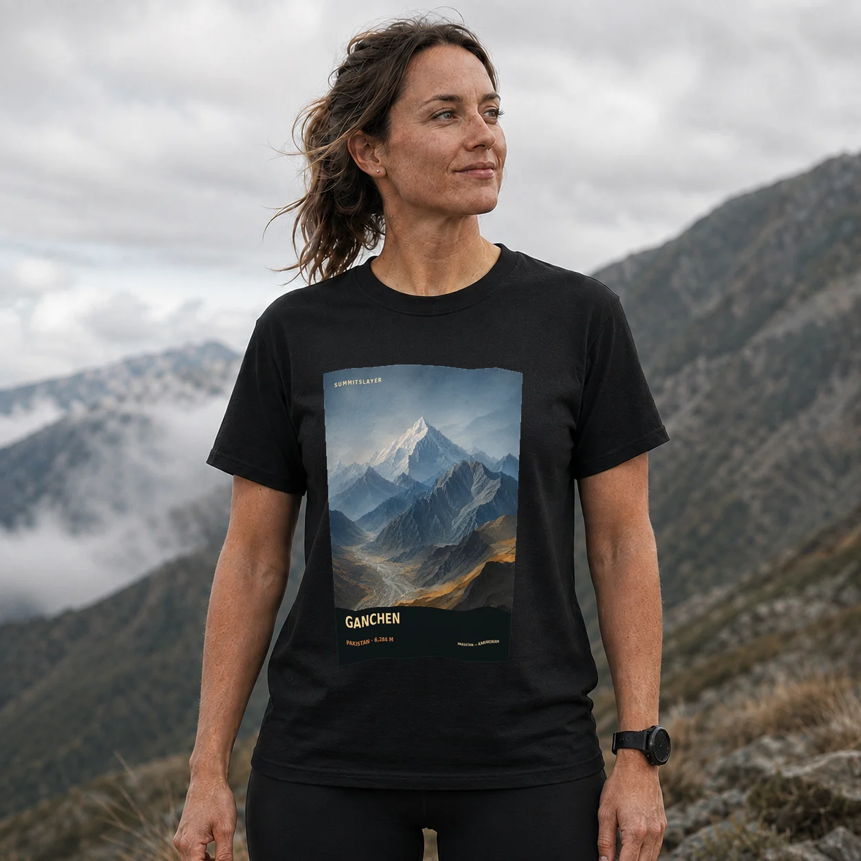 Black GANCHEN T-shirt front with mountain artwork