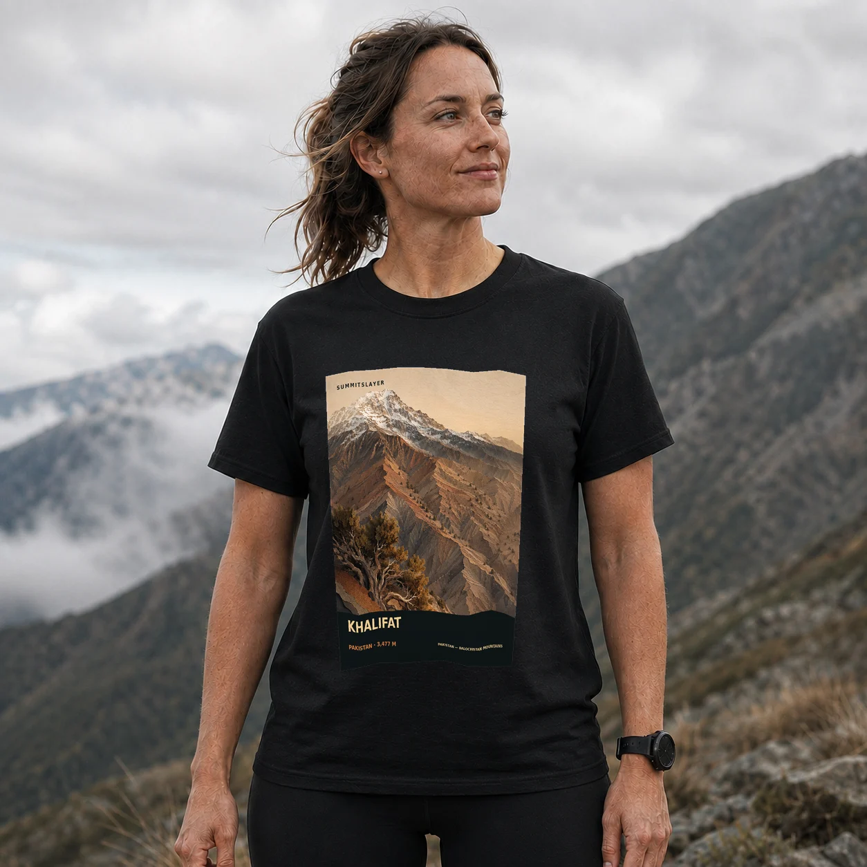 Black Khalifat T-shirt front with mountain artwork