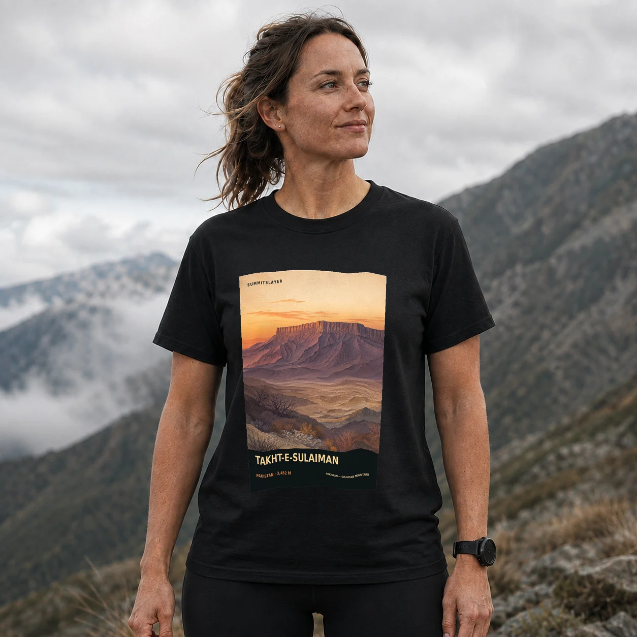 Black Obasta Tsukai T-shirt front with mountain artwork