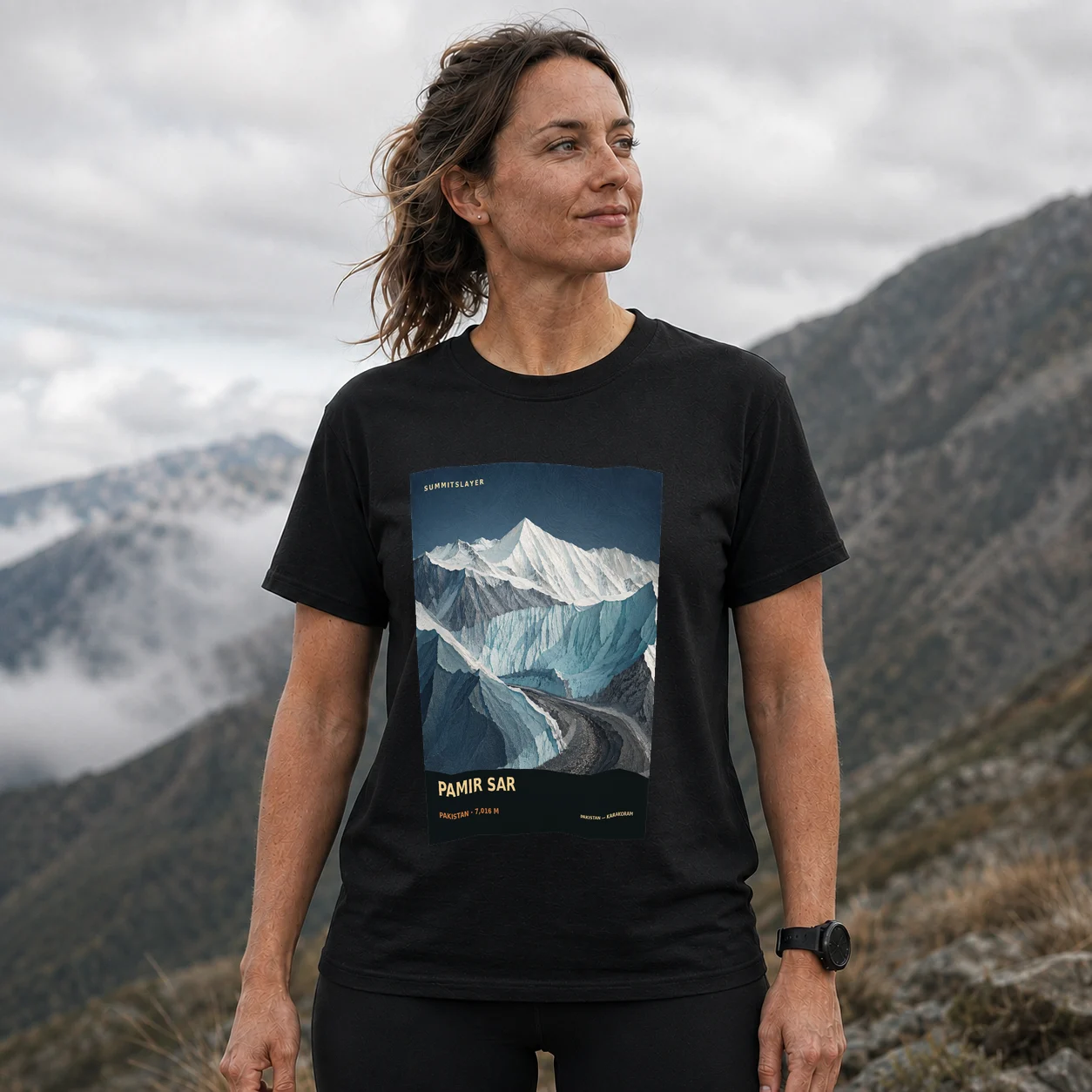Black PAMIR SAR T-shirt front with mountain artwork