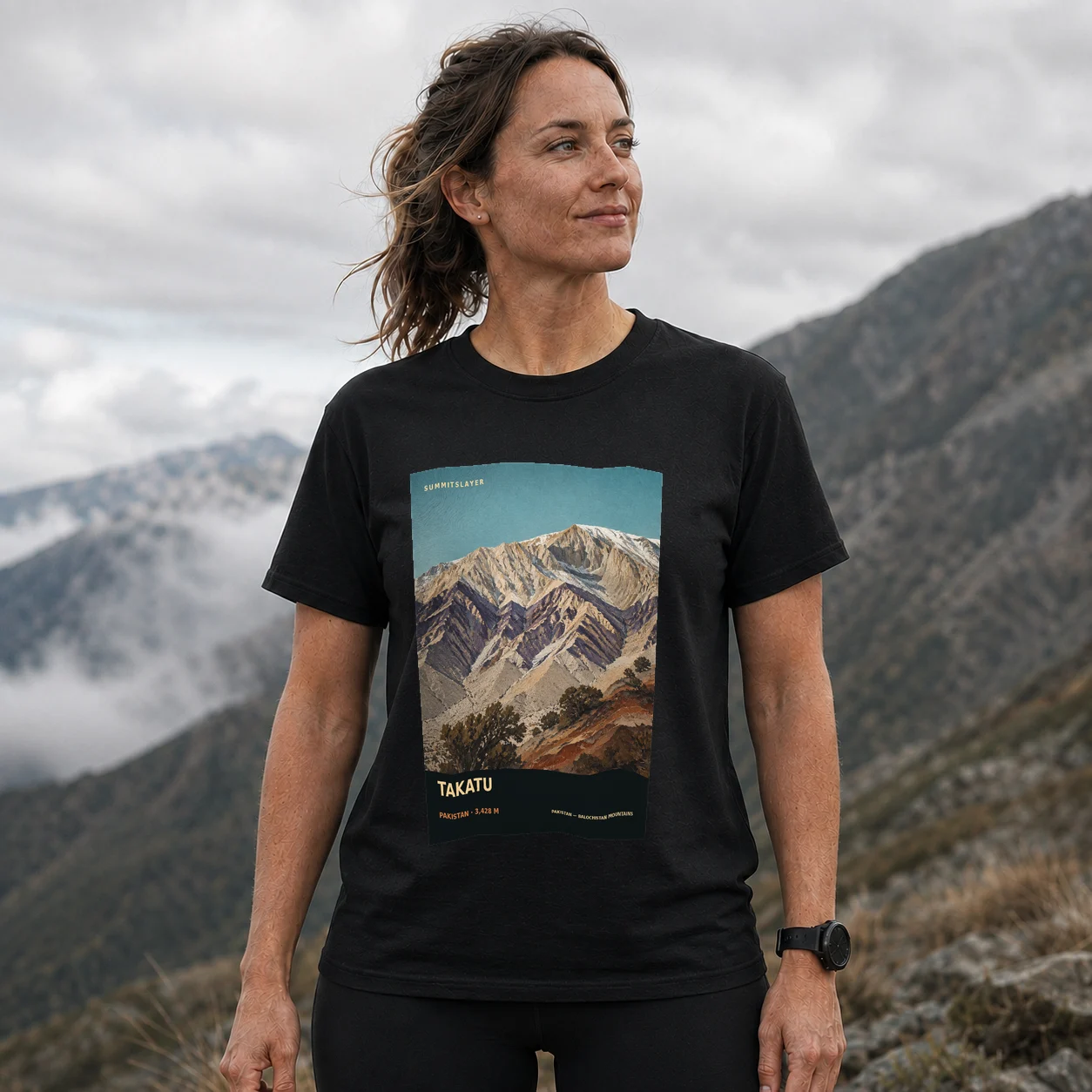 Black Takatu T-shirt front with mountain artwork