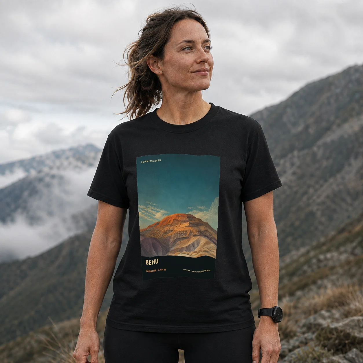 Black Behu T-shirt front with mountain artwork