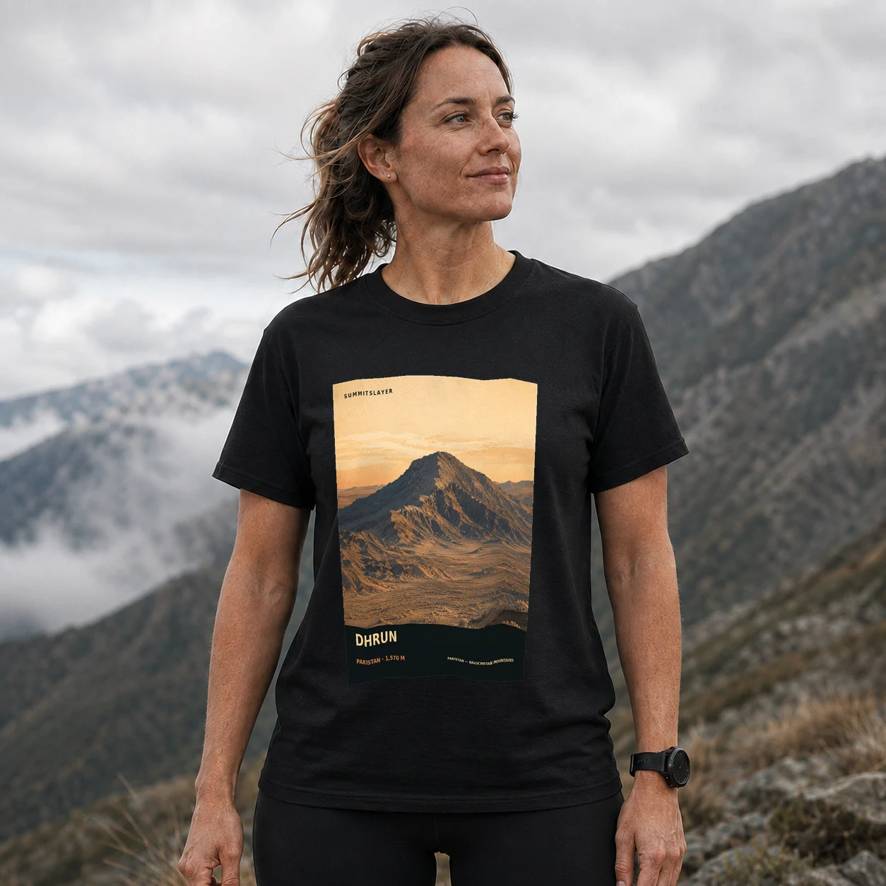 Black Dhrun T-shirt front with mountain artwork