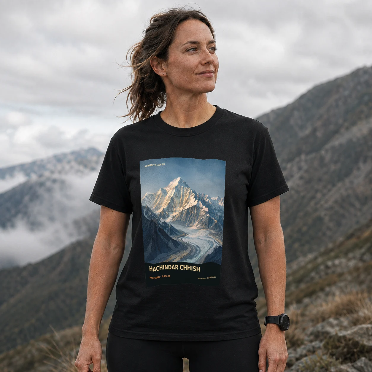 Black HACHINDAR CHHISH T-shirt front with mountain artwork