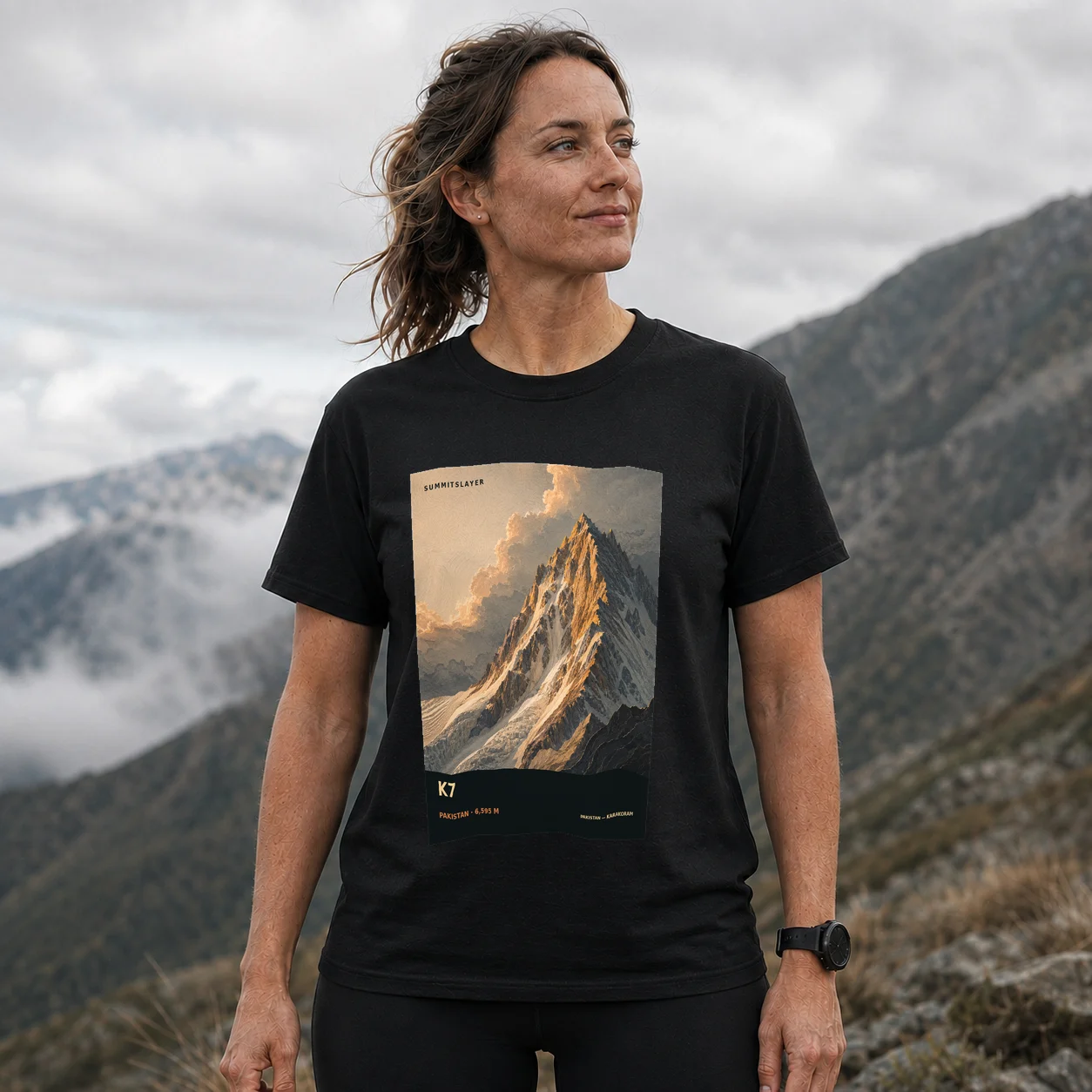 Black K7 T-shirt front with mountain artwork