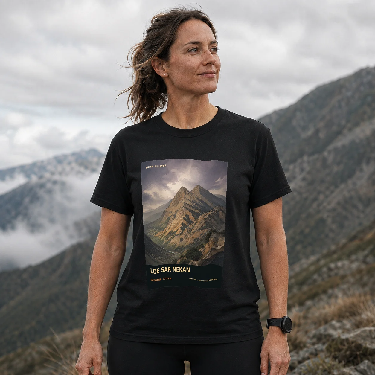Black LOE SAR NEKAN T-shirt front with mountain artwork