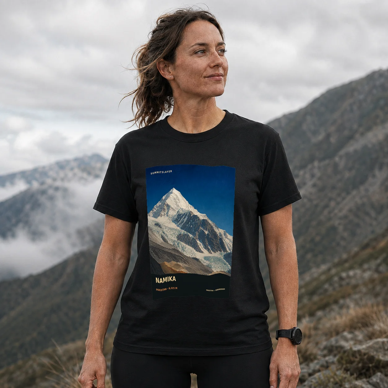 Black NAMIKA T-shirt front with mountain artwork