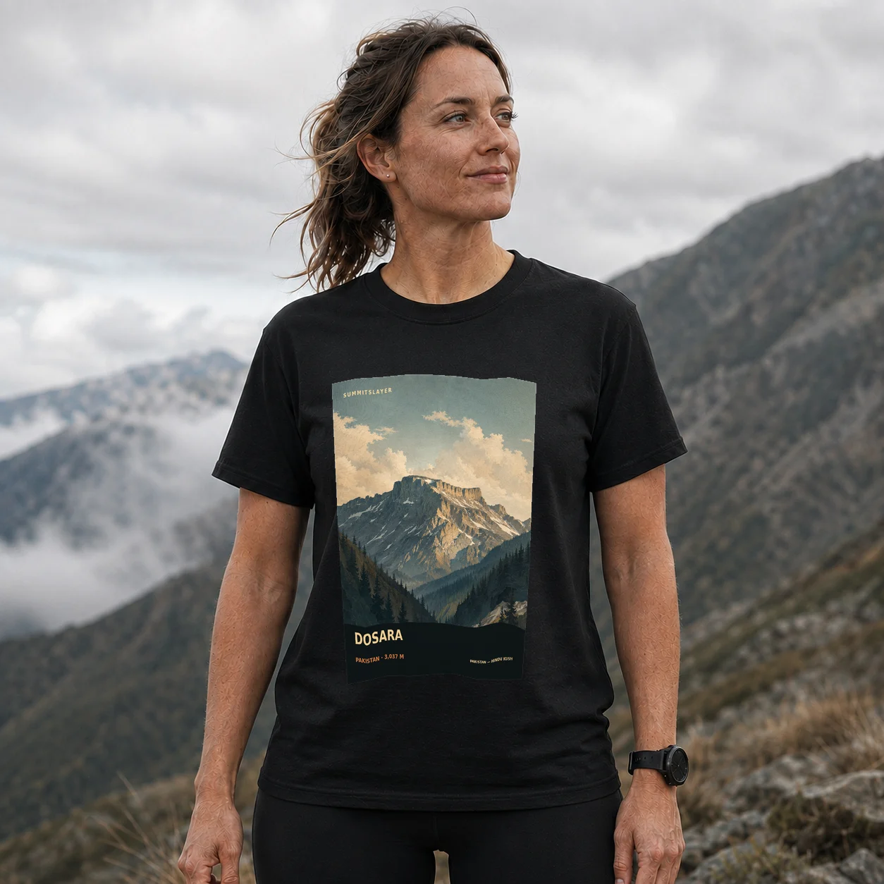 Black DOSARA T-shirt front with mountain artwork