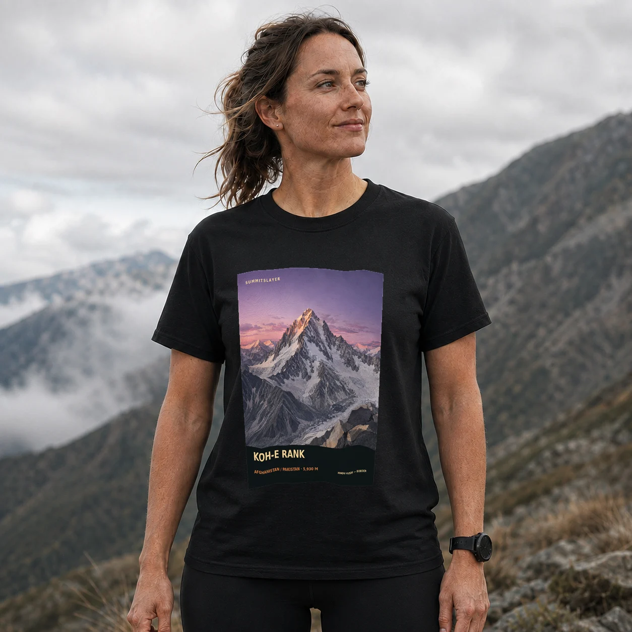 Black KOH-E RANK T-shirt front with mountain artwork