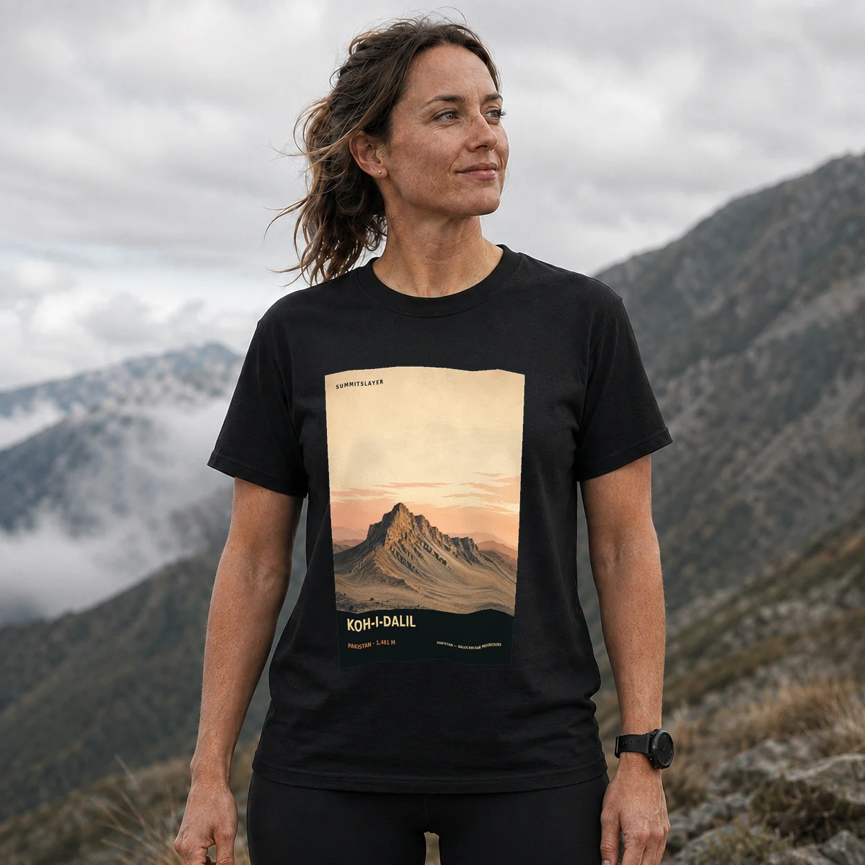 Black KOH-I-DALIL T-shirt front with mountain artwork