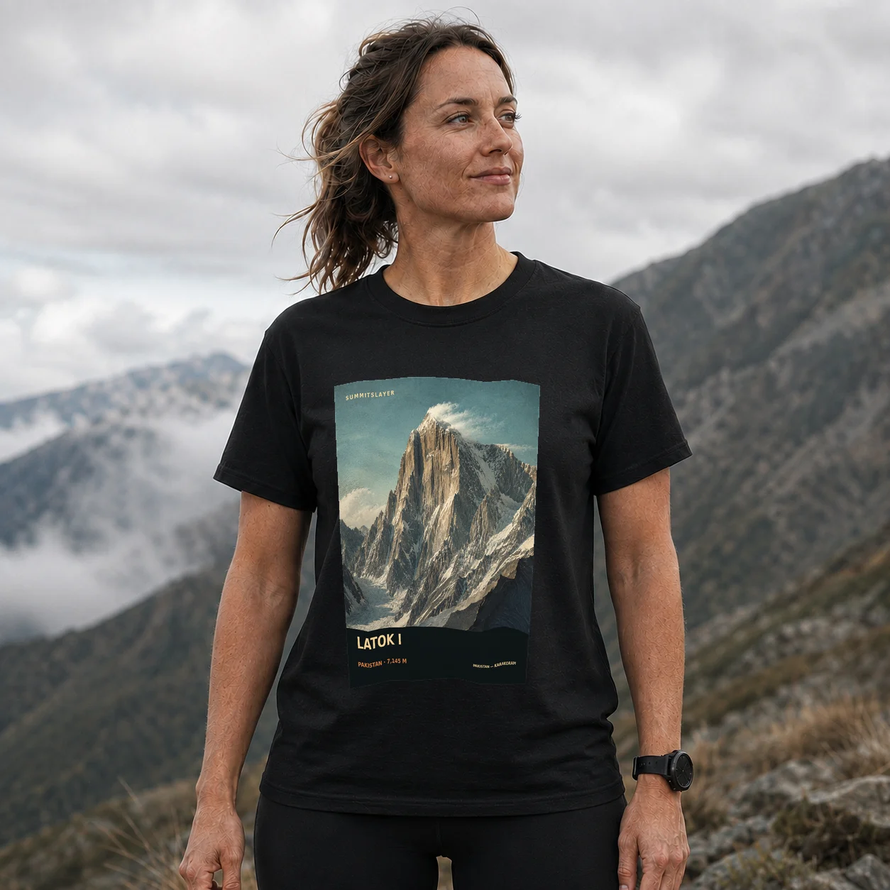 Black LATOK I T-shirt front with mountain artwork
