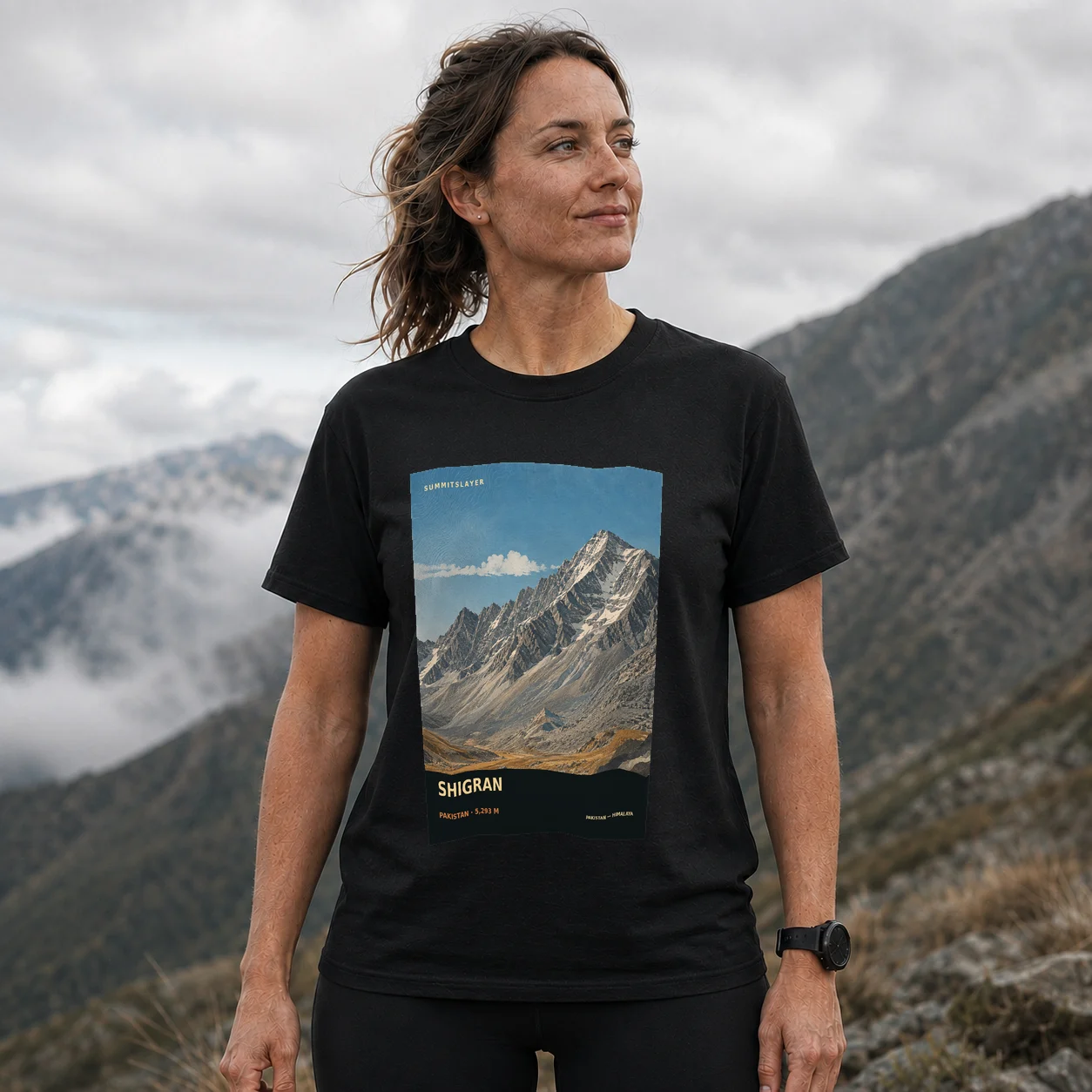 Black Shigran T-shirt front with mountain artwork