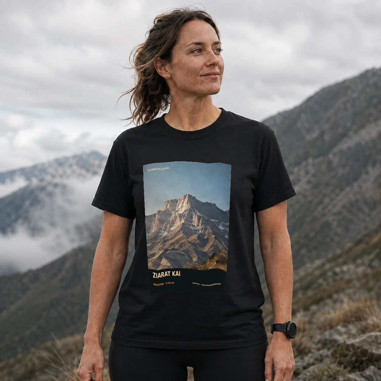 Black ZIARAT KAI T-shirt front with mountain artwork