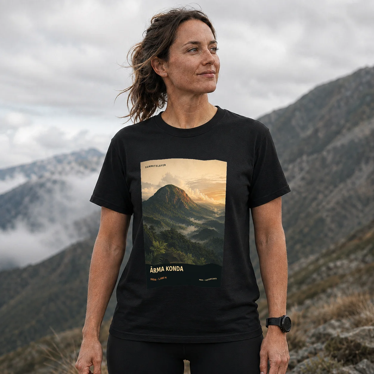 Black Ārma Konda T-shirt front with mountain artwork
