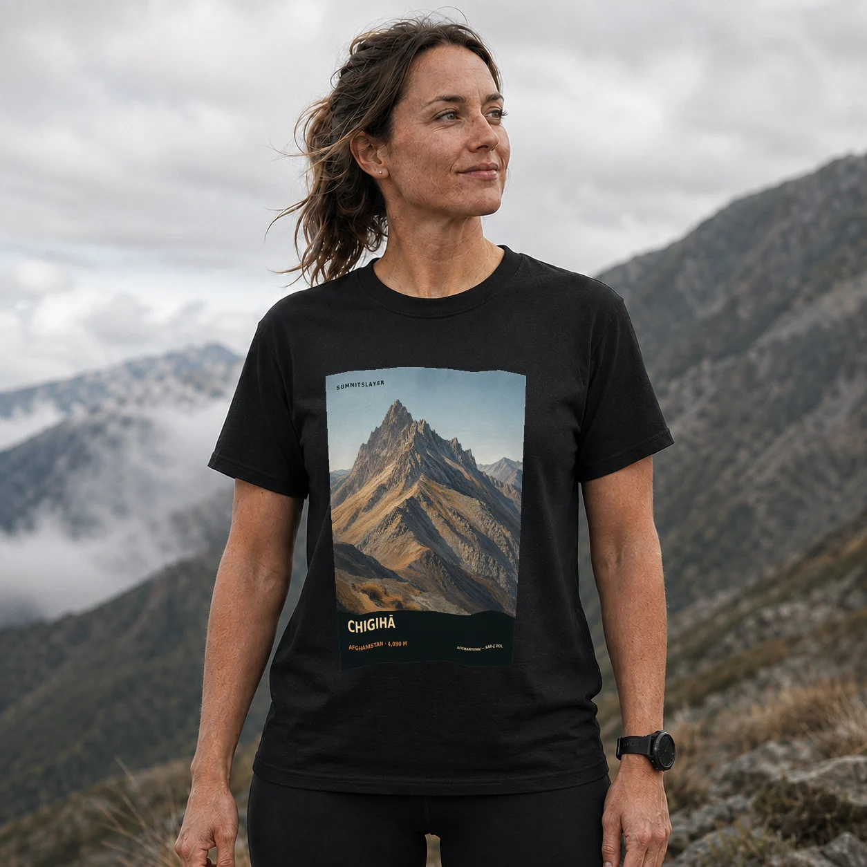 Black Chigihā T-shirt front with mountain artwork