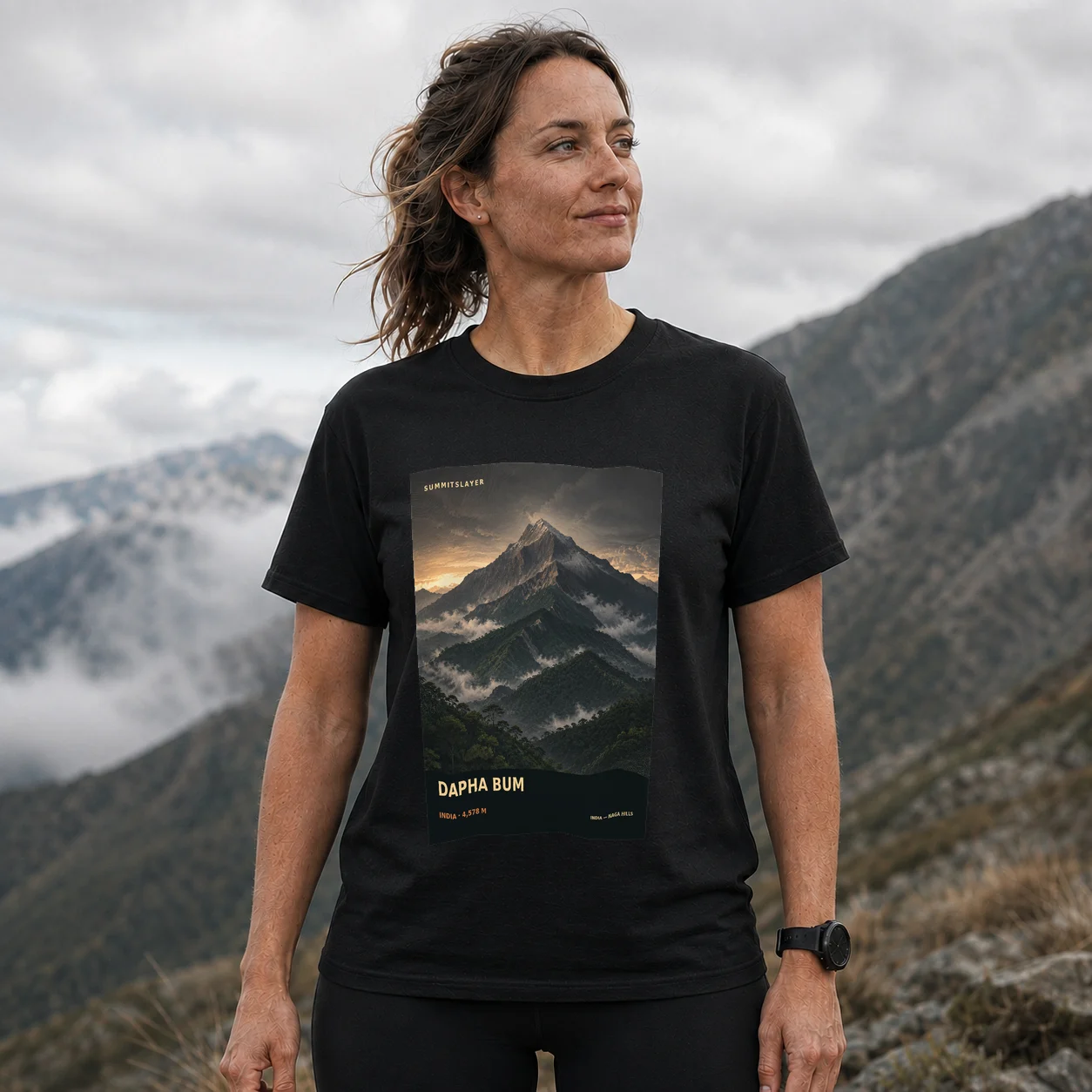 Black Dapha Bum T-shirt front with mountain artwork