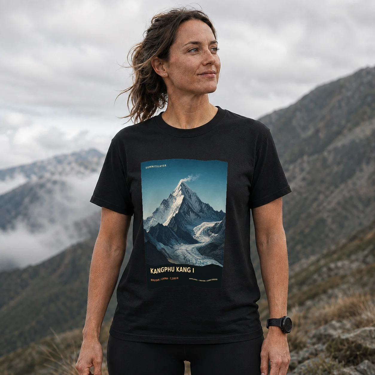 Black Kangphu Kang I T-shirt front with mountain artwork