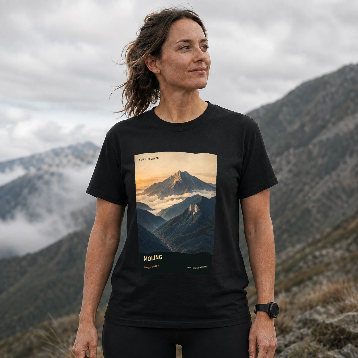 Black Moling T-shirt front with mountain artwork