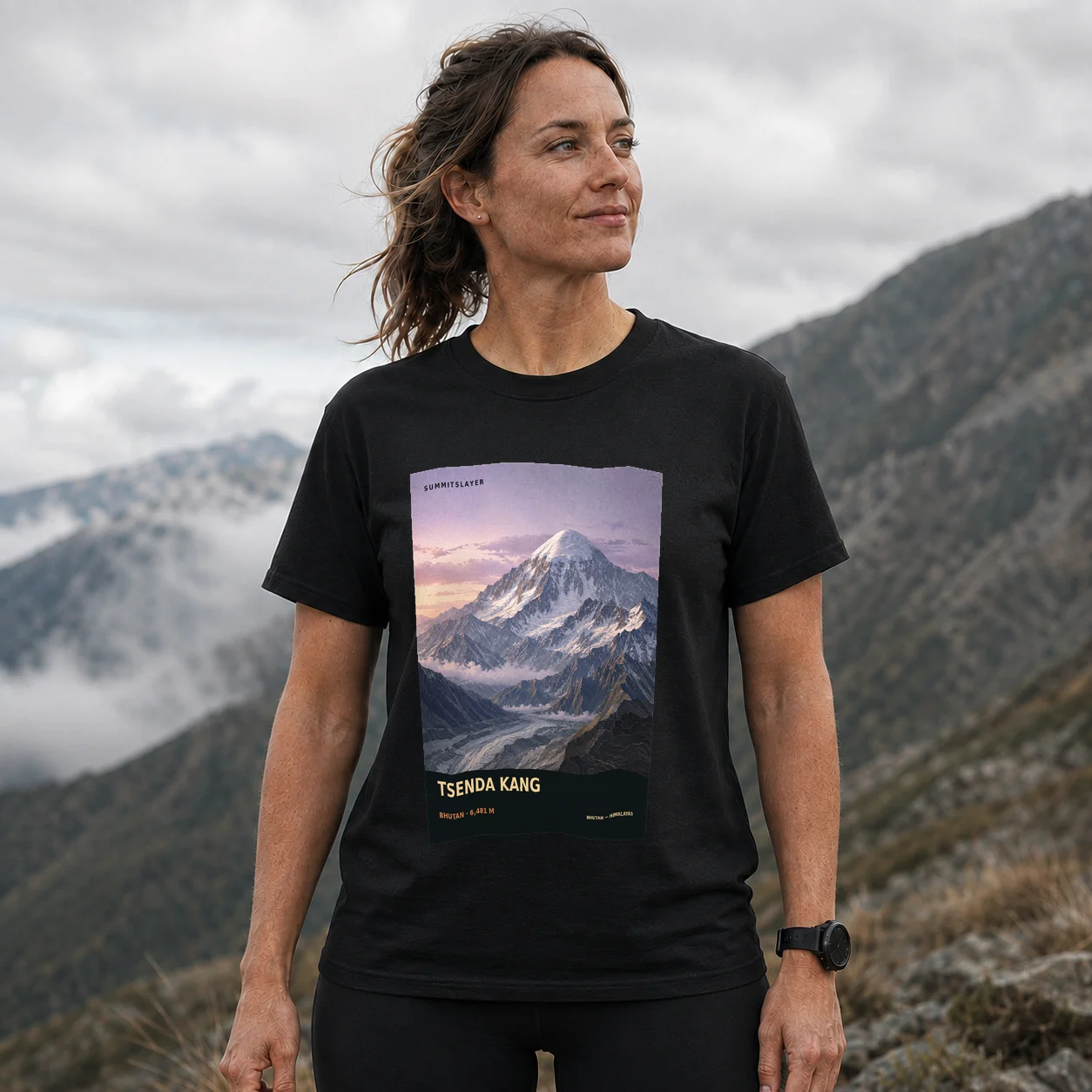 Black Tsenda Kang T-shirt front with mountain artwork