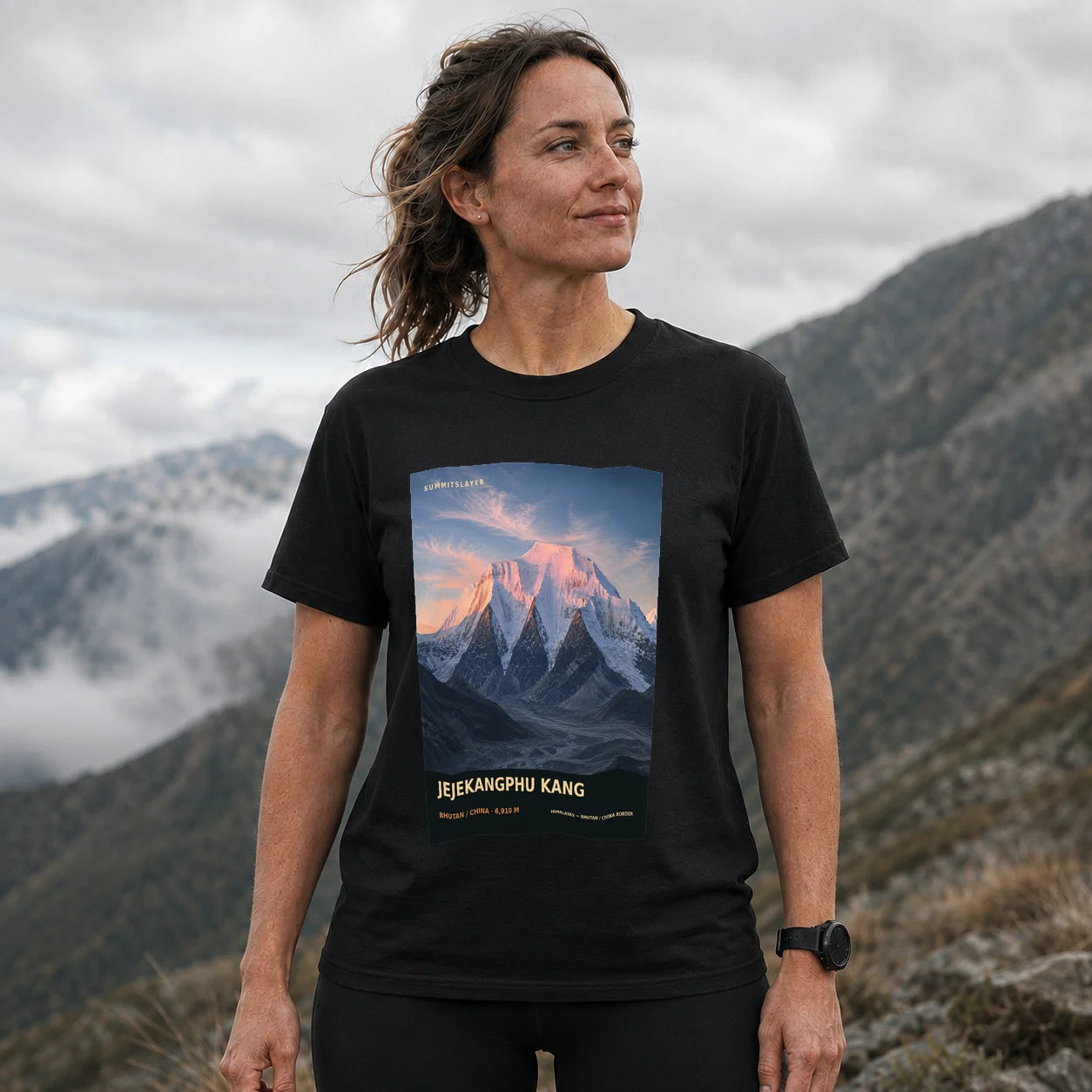 Black Jejekangphu Kang T-shirt front with mountain artwork