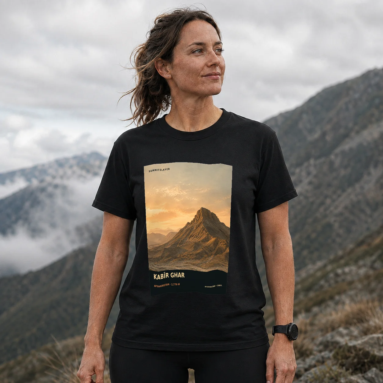 Black Kabīr Ghar T-shirt front with mountain artwork