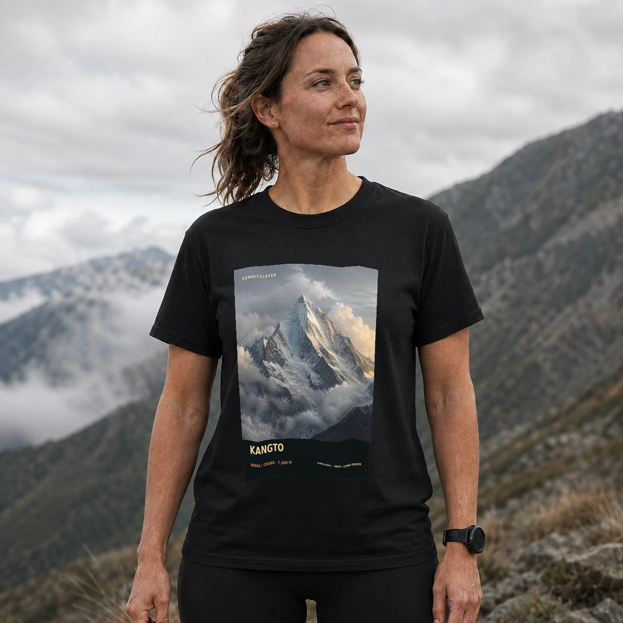 Black Kanggardo Rizê T-shirt front with mountain artwork