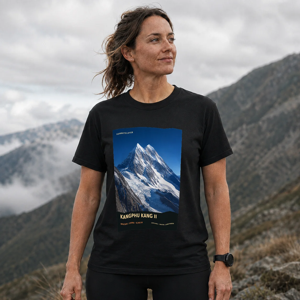 Black Kangphu Kang II T-shirt front with mountain artwork