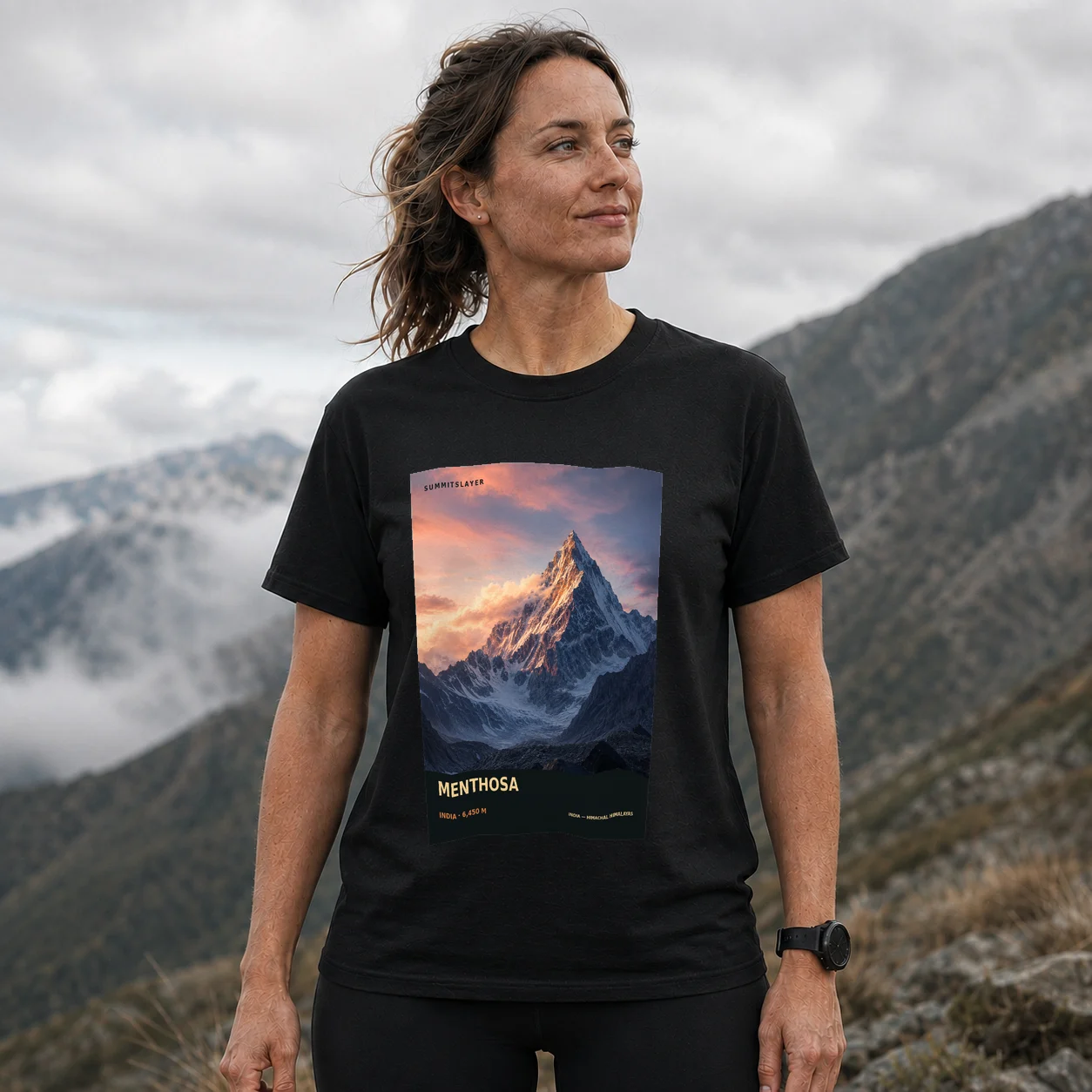 Black Menthosa T-shirt front with mountain artwork