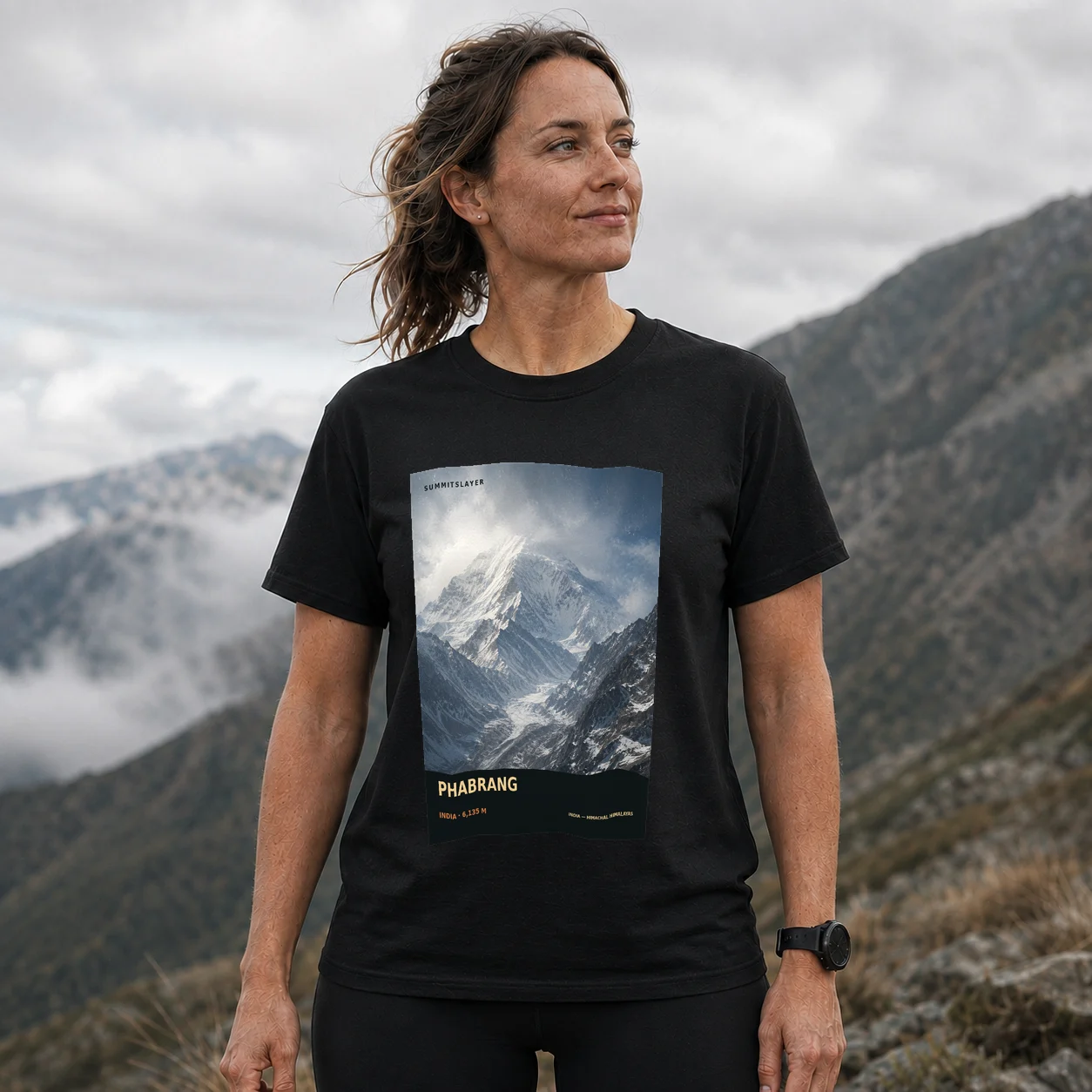 Black Phabrang T-shirt front with mountain artwork
