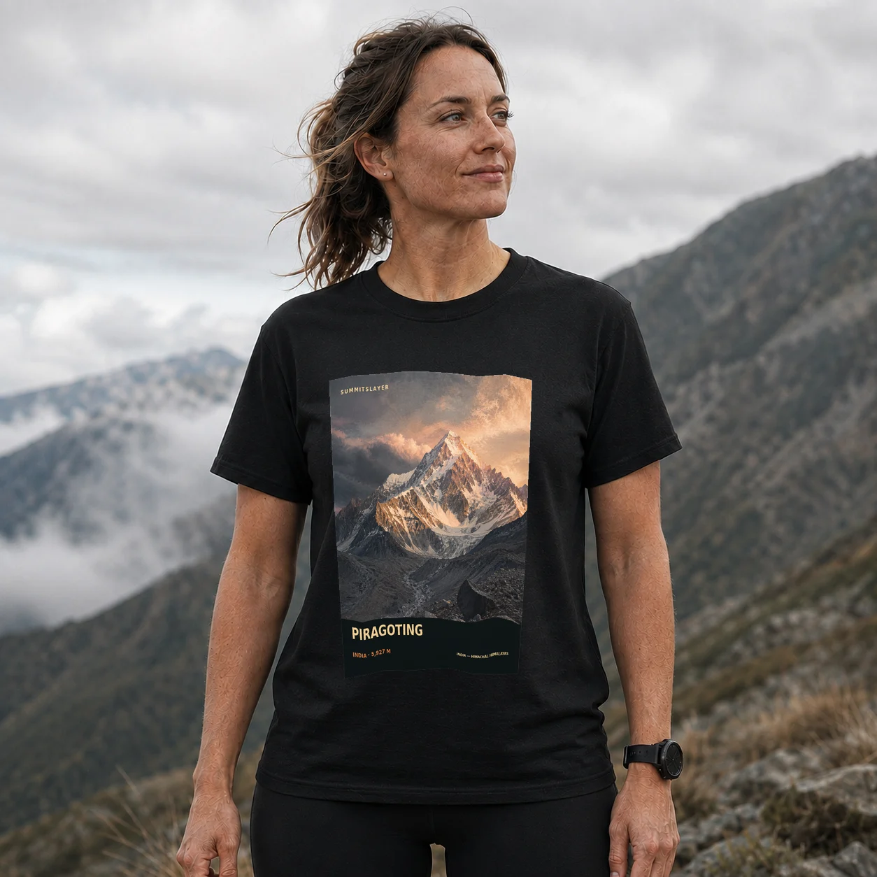 Black Pirāgting T-shirt front with mountain artwork