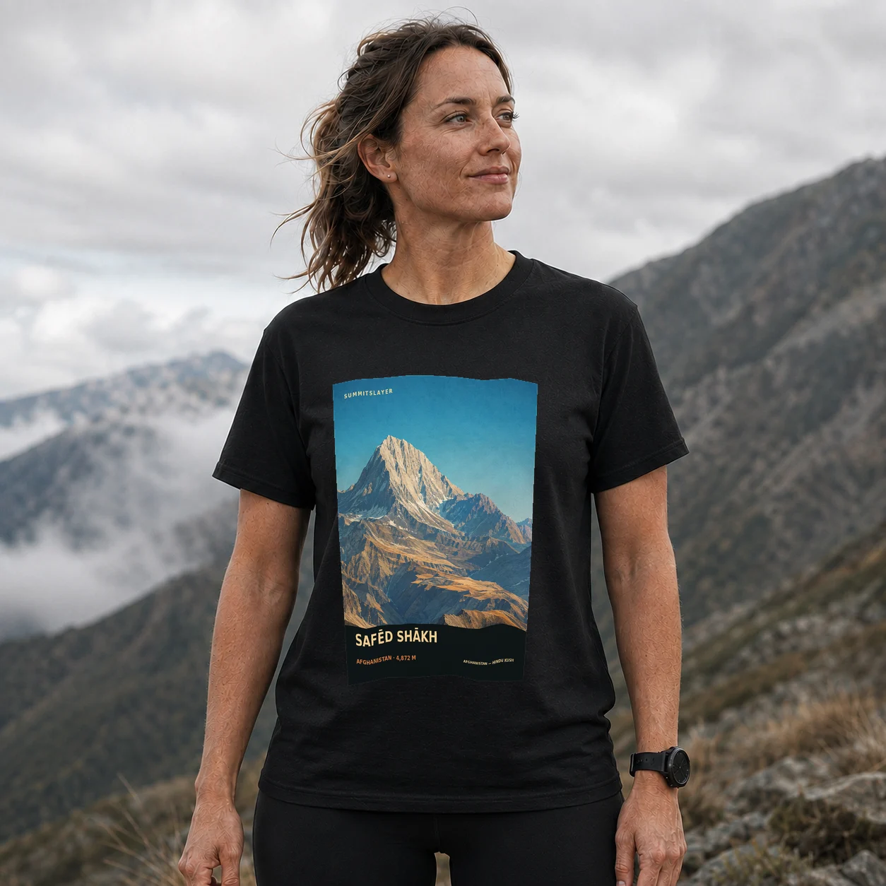 Black Safēd Shākh T-shirt front with mountain artwork