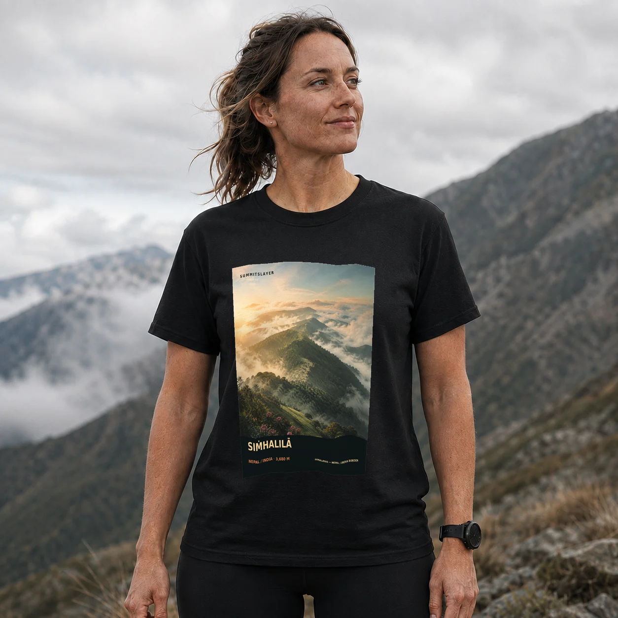 Black Siṁhalilā T-shirt front with mountain artwork