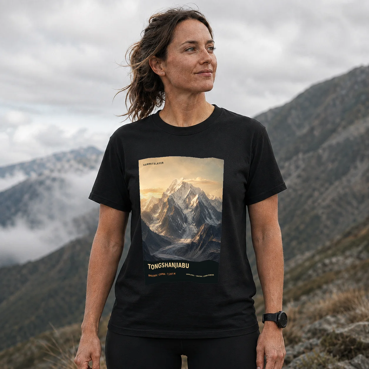 Black Tongshanjiabu T-shirt front with mountain artwork