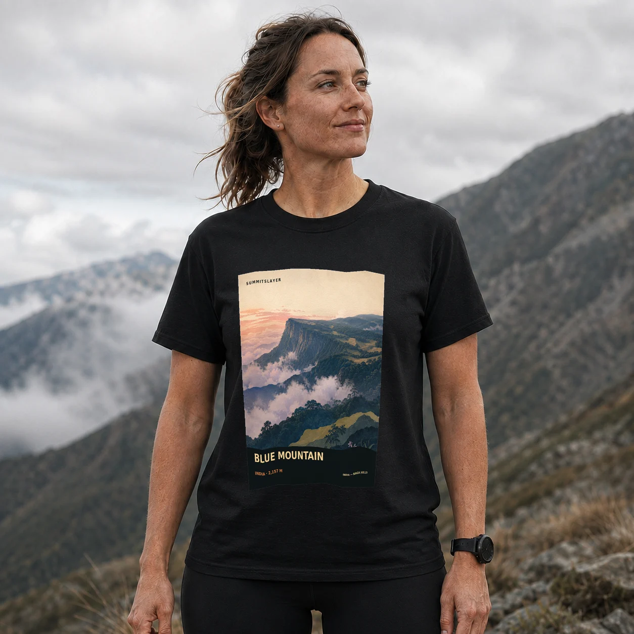 Black Blue Mountain T-shirt front with mountain artwork