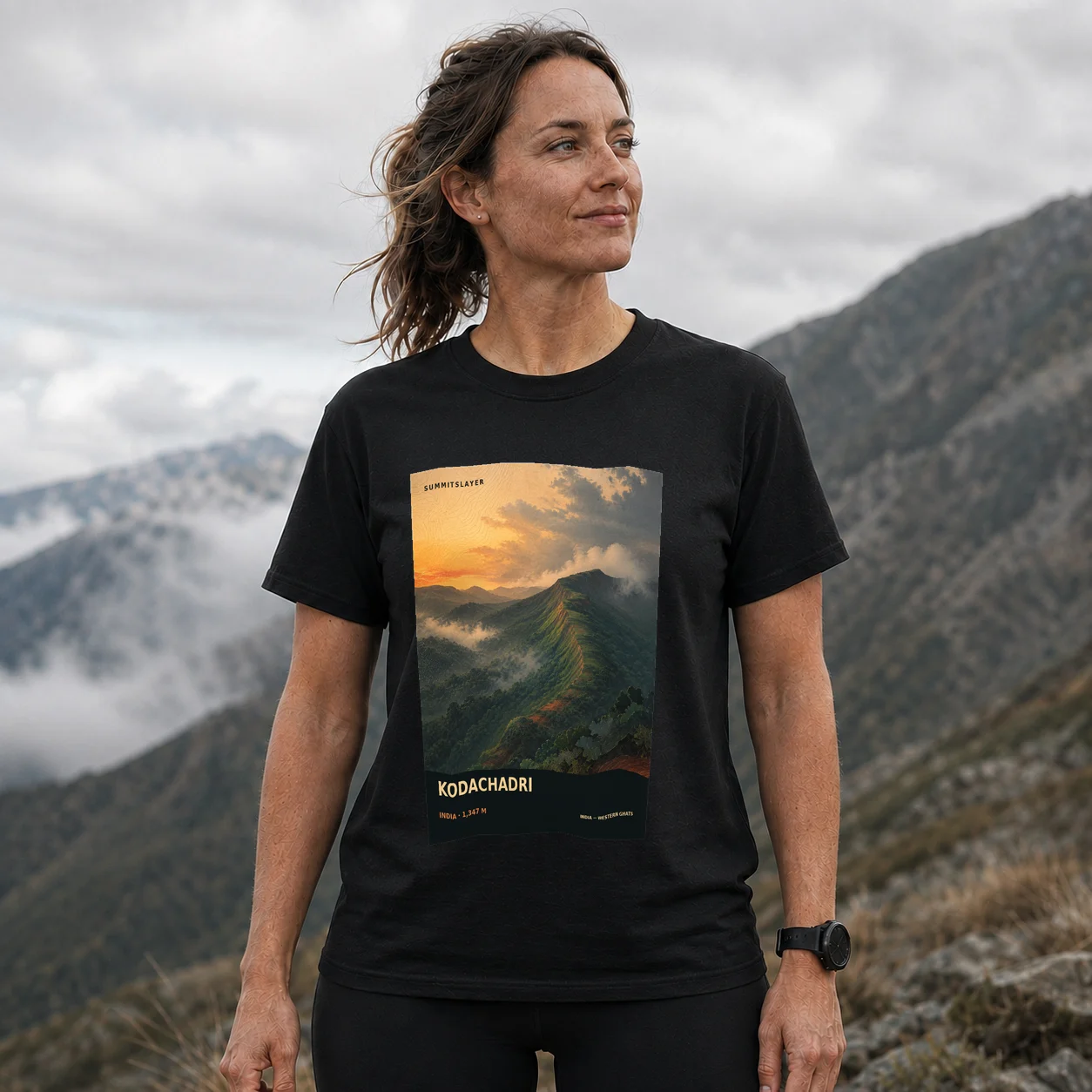 Black Kodachādri T-shirt front with mountain artwork