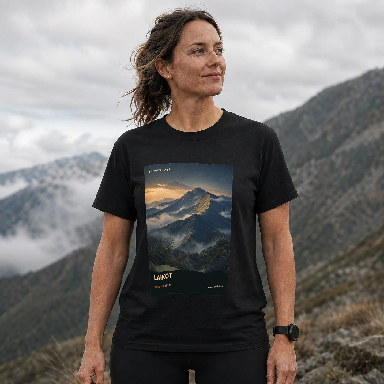 Black Laikot T-shirt front with mountain artwork