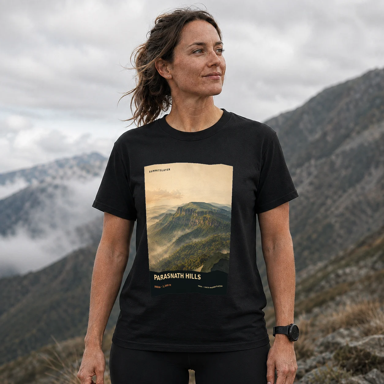 Black Parasnāth T-shirt front with mountain artwork
