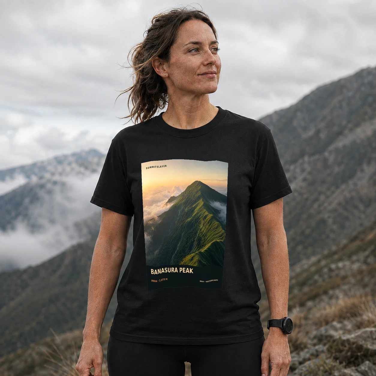 Black Banasuram T-shirt front with mountain artwork