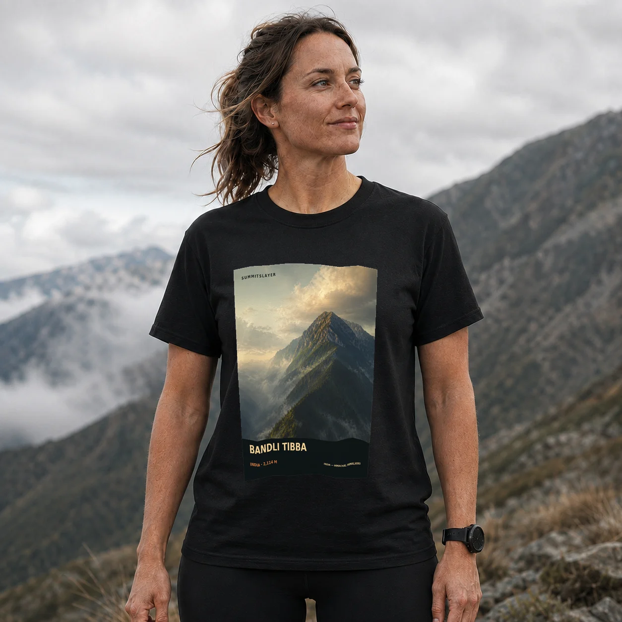 Black Bandli Tibba T-shirt front with mountain artwork