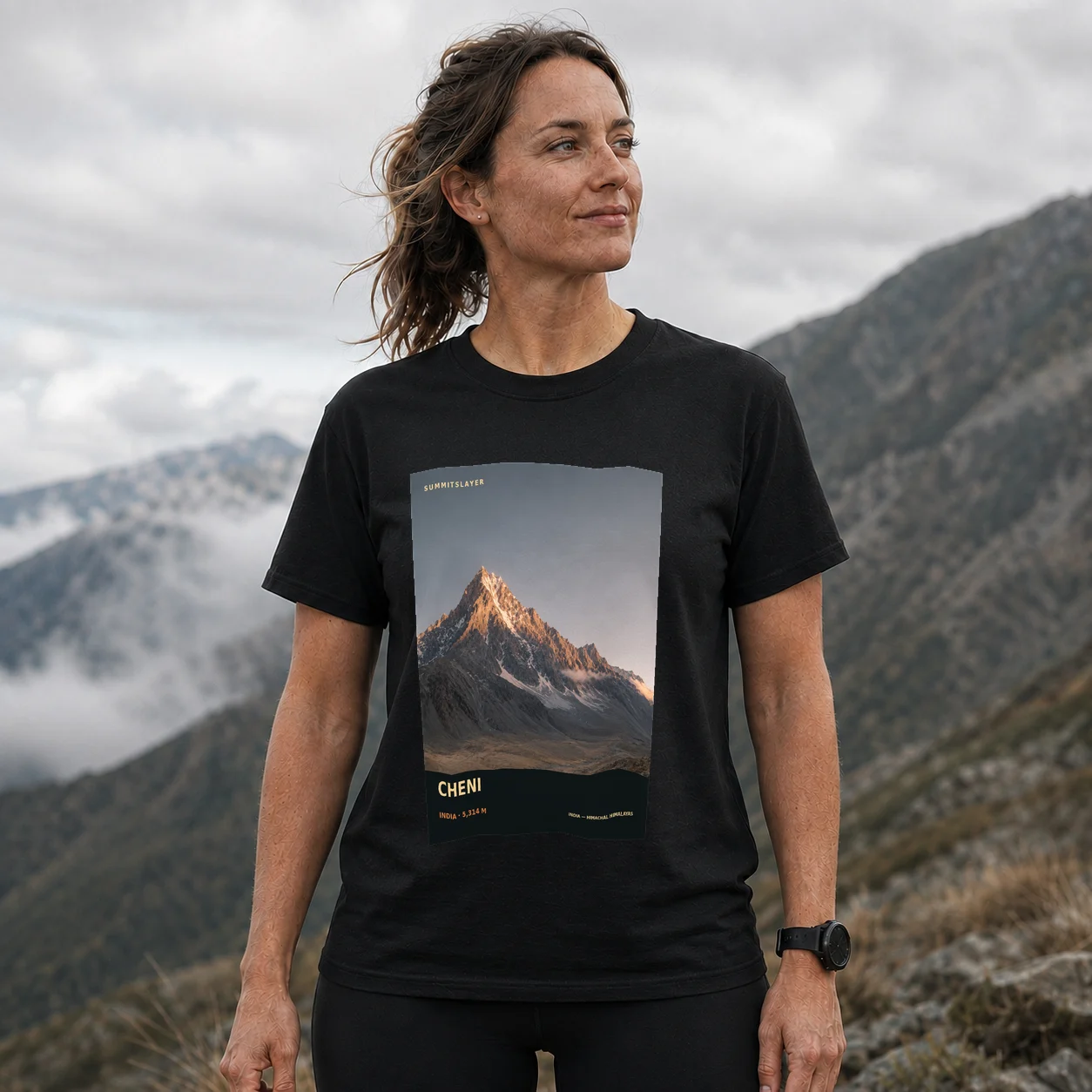 Black Cheni Jot T-shirt front with mountain artwork