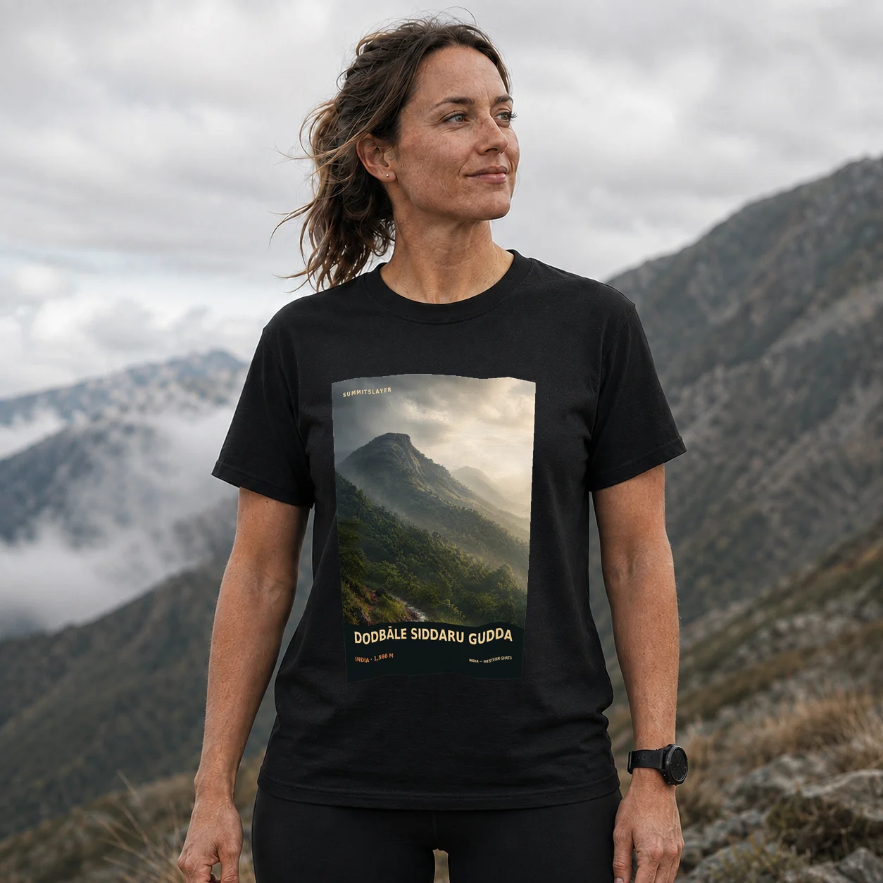 Black Dodbāle Siddaru Gudda T-shirt front with mountain artwork